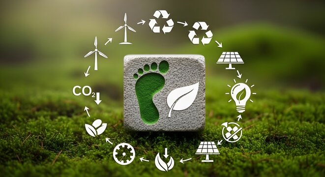 Environmental footprint concept with renewable energy and sustainability symbols