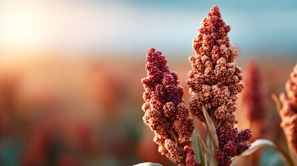 As the sun sets on the horizon, golden rays illuminate a vibrant sorghum field. The rich colors of the plants stand out against the evening sky, showcasing nature's artistry in full bloom