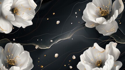 Elegant floral pattern featuring white flowers with gold accents on a dark background, ideal for design projects
