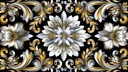 Elegant floral design featuring intricate patterns in gold and silver on a black background, suitable for textiles