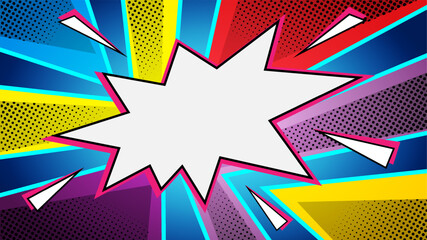 Bold comic style explosion background with a large central speech burst, vibrant rays in multicolor, and halftone dots. Perfect for pop art, superhero themes, and dynamic graphic design