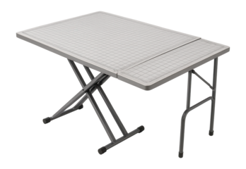 A foldable craft table with a grid mat, perfect for quilting and sewing in a home studio.