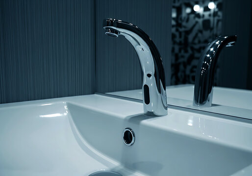 A modern bathroom sink with a sleek chrome touchless faucet and mirror