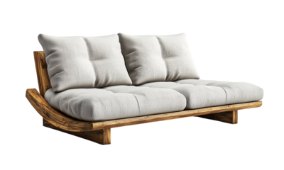 Modern wooden sofa with a curved base, tufted beige linen cushions and three plush back pillows for comfortable lounge seating.