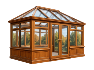 A wooden-framed winter garden with large windows, perfect for year-round outdoor views.