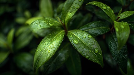 Dewdrops cling to lush green leaves after a refreshing rain shower.
