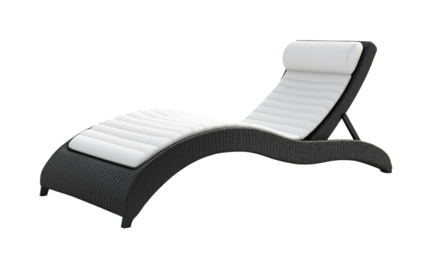 Curved woven rattan chaise lounge with white padded cushions and a cylindrical headrest, designed for comfortable reclining and sunbathing.