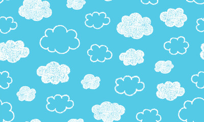 Seamless pattern with white crayon clouds in sky. Abstract background of blue sky with cute fluffy clouds with chalk texture. Wallpaper print with chalk art for kids room, vector illustration
