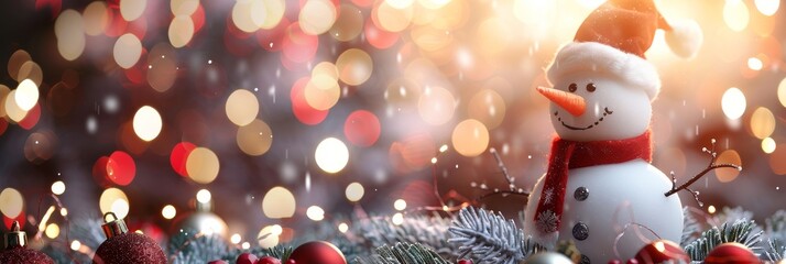 Winter scene with snowman surrounded by festive decorations and warm lights in a cozy holiday atmosphere. Copy space
