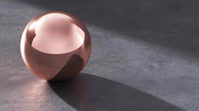 A polished rose-gold metallic sphere resting gently on a matte dark-slate surface, soft diffused lighting creating a subtle glowing halo and a long diagonal shadow
