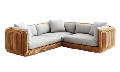 L-shaped woven rattan sectional sofa with rounded frame and light gray cushions.