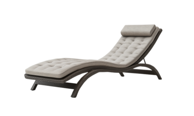 Curved tufted chaise lounge with padded cushion and headrest, upholstered in light fabric over a dark woven frame.