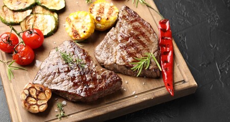 Delicious grilled beef steaks with herbs and vegetables on dark textured table, closeup