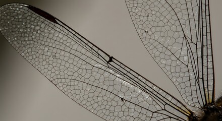 A macro shot of dragonfly wings revealing intricate cell patterns within the transparent structure
