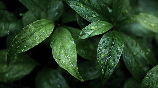 Dark green leaves glisten with water droplets after a rain shower.