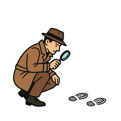 A simple vector illustration of a detective in a squatting pose observing shoe prints at a crime scene marked