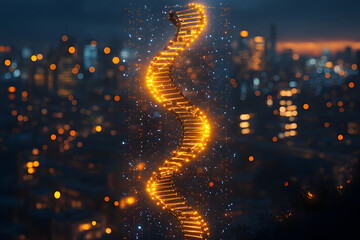 Glowing DNA Helix Ascending Over a Blurred Cityscape at Night