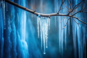 Winter's Icy Embrace Branch Adorned with Crystal Icicles Against a Frozen Waterfall Background