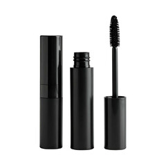 Obraz premium Black mascara product tube, applicator, and brush on black background, lit from front