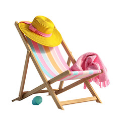 A beach chair with a hat and blanket sits ready for relaxation, with a ball nearby