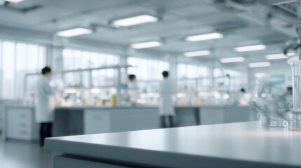 Fototapeta premium Laboratory interior with scientists working. White coats, glassware, and equipment are visible. Bright, modern space focused on research and experimentation.