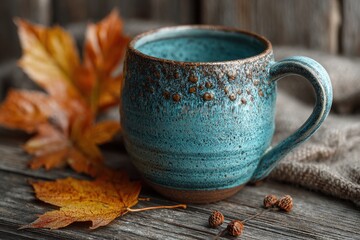 Enjoy teal mug of coffee with autumn leaves and seeds on a rustic wooden table in the morning
