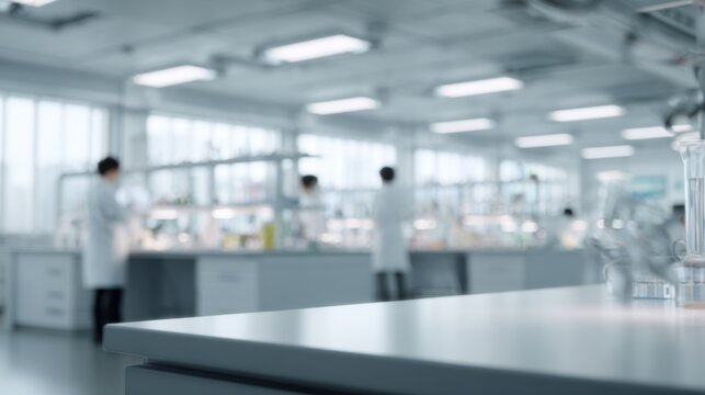 Laboratory interior with scientists working. White coats, glassware, and equipment are visible. Bright, modern space focused on research and experimentation.