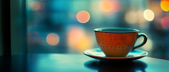 Blurred city lights, warm cup of drink on table