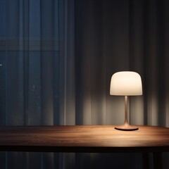 A modern table lamp with a white shade sits on a wooden table in a dimly lit room. Soft light illuminates the space, creating a cozy atmosphere.