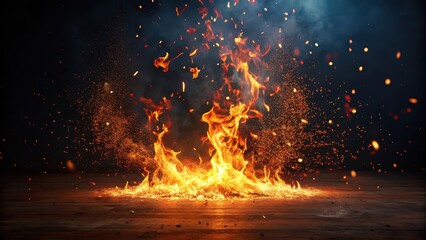 Fiery Embers and Sparks on a Rustic Wooden Surface, a Dramatic Display of Burning Flame and Glowing Particles Against a Dark Background