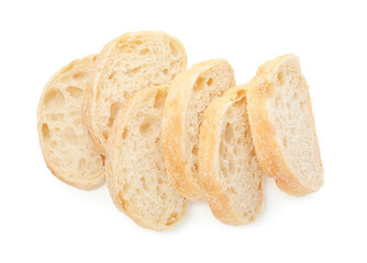 Pieces of tasty fresh ciabatta isolated on white, top view