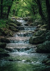 Cascading stream in lush forest
