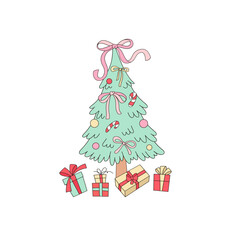 Preppy Cute Coquette Merry Christmas Tree and Gifts Clipart Set. Pastel Holiday Girly Aesthetic Illustration