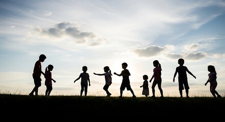 Fototapeta premium Family of Children Playing Outdoors in an Open Field Over a Sunny Sky