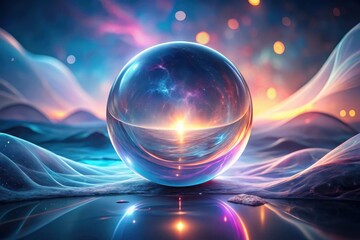 A cosmic sphere rests on a surreal, iridescent landscape, reflecting a vibrant sunset and nebulous expanse.