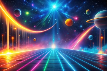 A Futuristic Highway Through a Vibrant, Celestial Landscape Featuring Glowing Lines and Planets