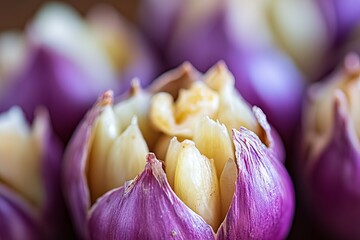Close-up of purple garlic bulbs, light-colored cloves