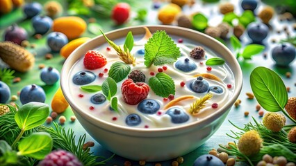 Creamy Yogurt Bowl with Summer Berries and Herbs A Delightful Blend of Freshness and Flavor