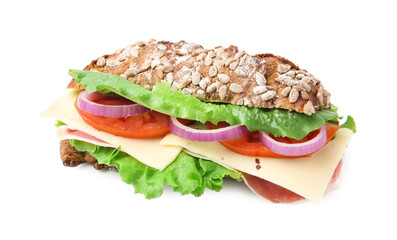 Tasty ciabatta sandwich with cheese and vegetables isolated on white