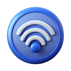 3D wifi icon with white signal waves and blue rounded button representing wireless internet network on transparent background
