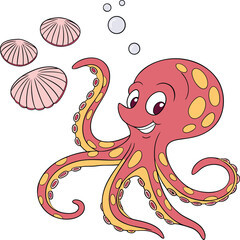 Charming octopus and seashells underwater scene for children's designs isolated on transparent background