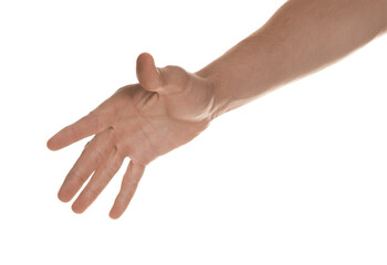 Man throwing something on white background, closeup