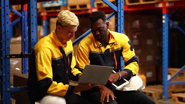Laptop computer technology. Teamwork. Caucasian Man inventory manager talking with black man employees in warehouse. inventory for shipping, ecommerce or wholesale supplier