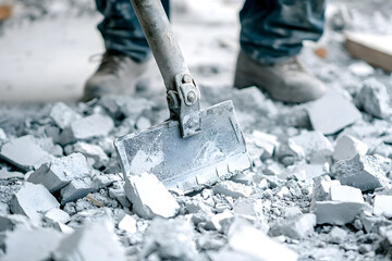 Close-up of a Metal Demolition Tool Breaking Concrete Debris