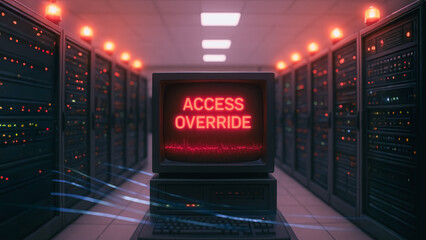 Intense atmosphere of a server room bathed in dim lighting. The screen in the center glows with the ominous message ACCESS OVERRIDE.