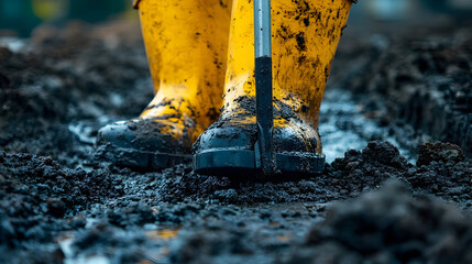Muddy Construction Boots and Tools in Deep Dark Soil