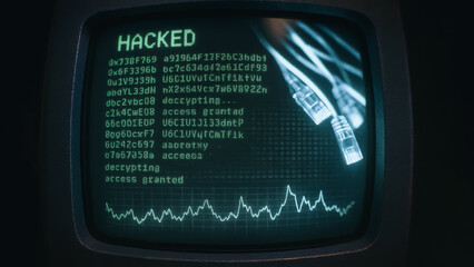 A retro computer screen displays HACKED over a stream of data, suggesting a security breach, with lines of code flowing and a digital graph indicating activity.