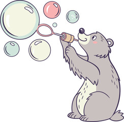 Charming cartoon bear blowing bubbles playful joyful outdoors childhood fun isolated on transparent background