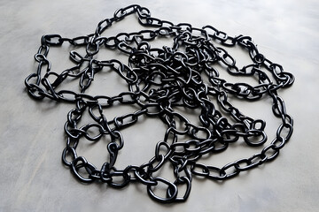 Heavy metal chain links tangled on a textured surface, creating