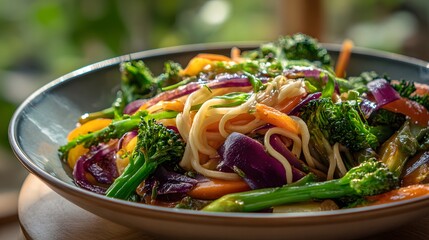 Colorful bowl of noodles and fresh vegetables offers a healthy and vibrant meal.